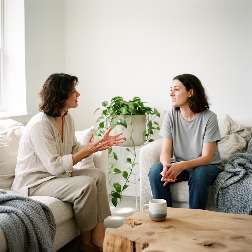 Two people having a relaxed, open conversation in a calm, naturally lit room